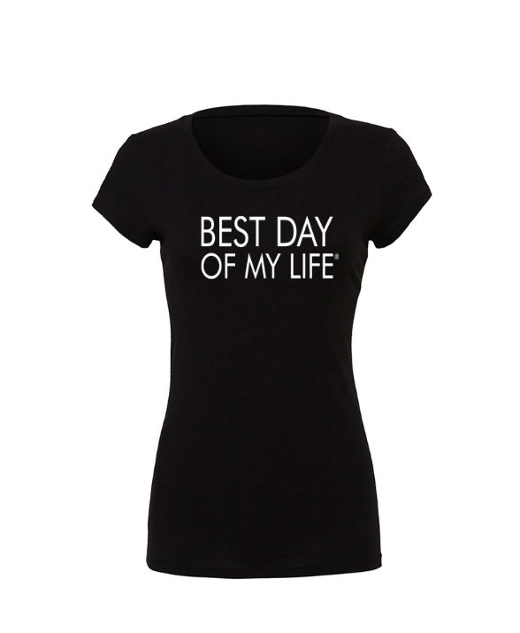 fitted black crewneck t-shirt with best day of my life written across in white