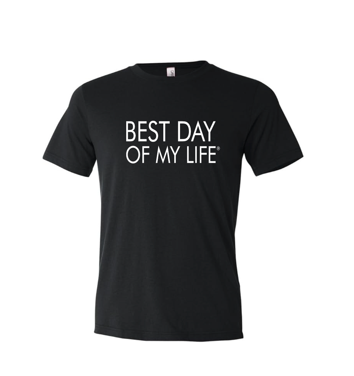 black crewneck t-shirt with best day of my life written in white