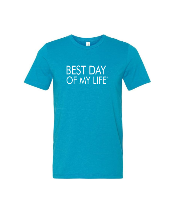 aqua crewneck t-shirt with best day of my life written across in white