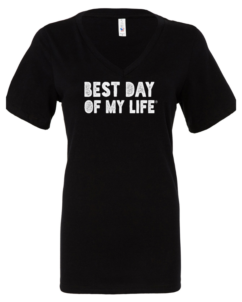 fitted black v-neck t-shirt with best day of my life written across in white block lettering