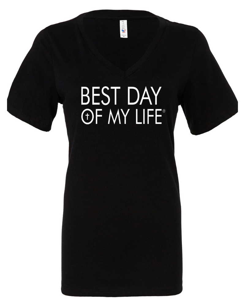 black vneck t-shirt with best day of my life written across in white with a cross in the O