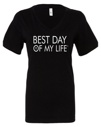 black vneck t-shirt with best day of my life written across in white with a cross in the O
