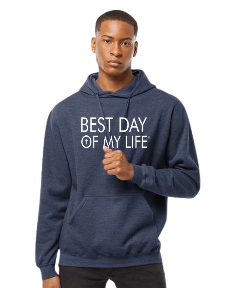 dark skinned person wearing blue pullover hoodie with best day of my life written in white and a cross in the O