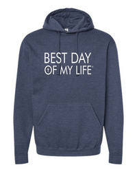 blue pullover hoodie with best day of my life written in white and a cross in the O
