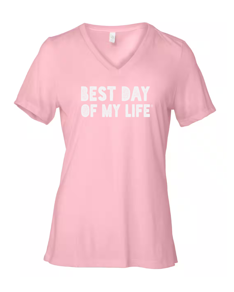 light pink vneck t-shirt with best day of my life written across in white block lettering.