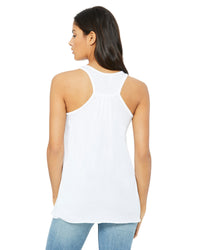 back of white racerback tank top on medium-skinned person with long brown hair.
