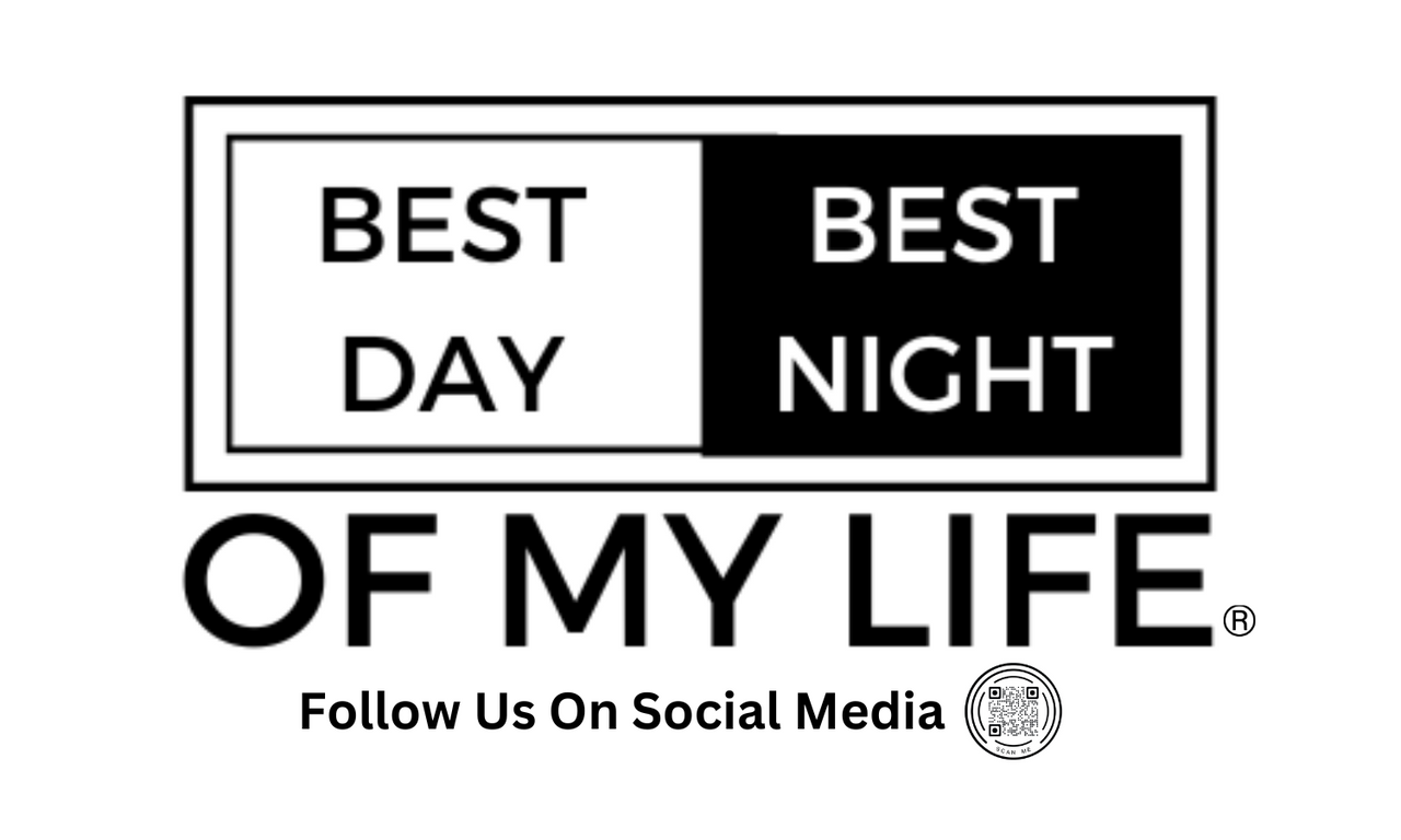 graphic of a white and black sticker. sticker reads best day best night of my life with follow us on social media and a qr code at the bottom
