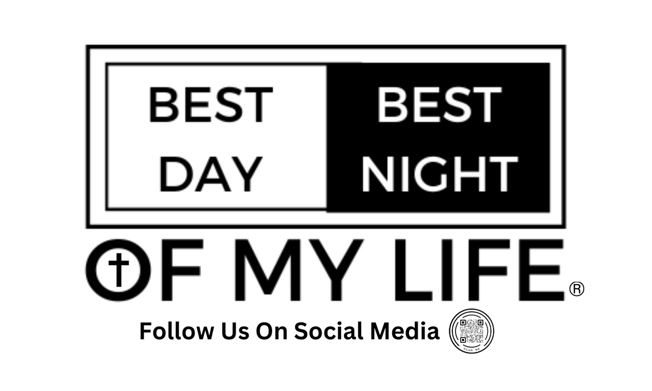 graphic of a white and black sticker. sticker reads best day best night of my life with a cross in the O. follow us on social media and a qr code is at the bottom