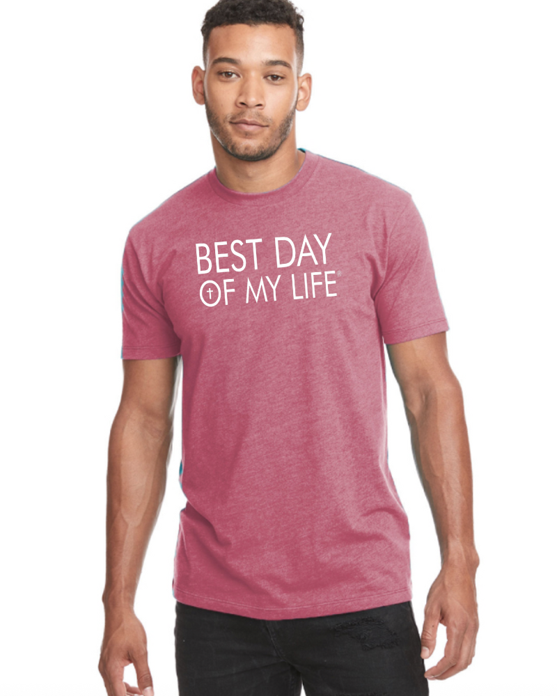 Man wearing Heathered Mauve t-shirt with 'BEST DAY OF MY LIFE' text in a white font