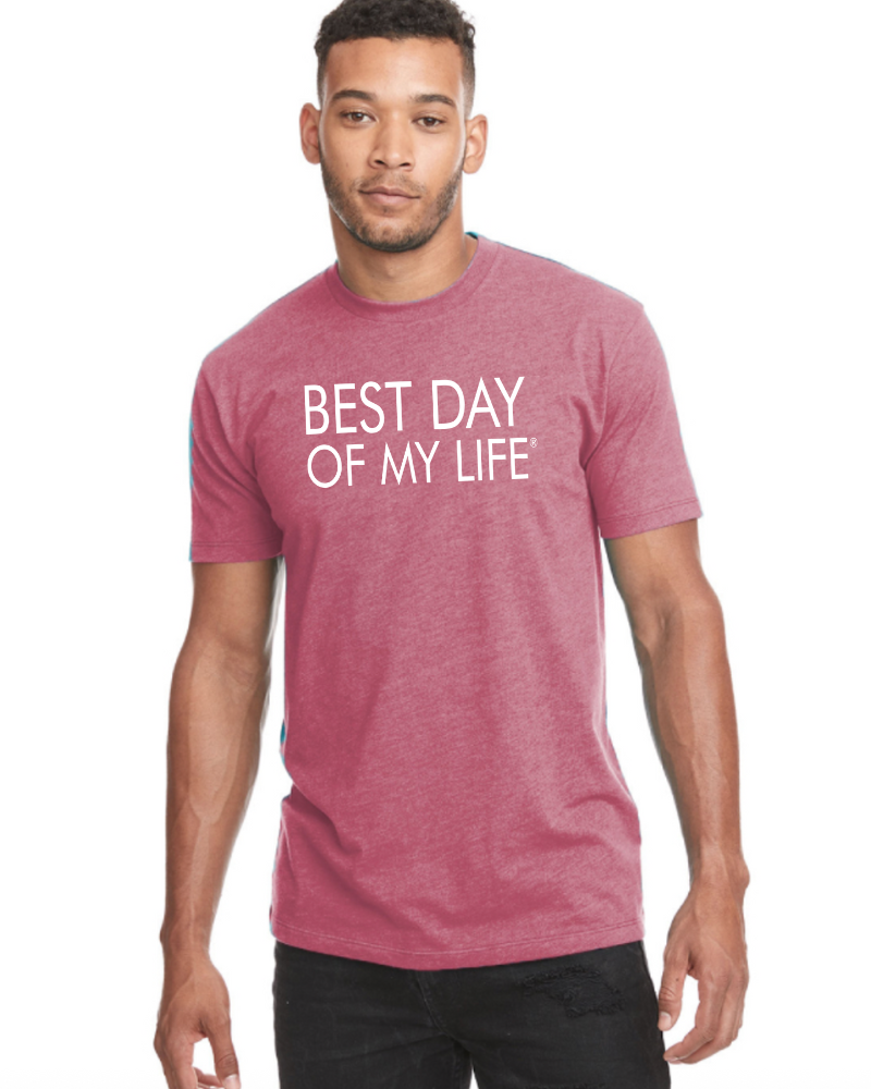 Man wearing Heathered Mauve t-shirt with 'BEST DAY OF MY LIFE' text in a white font