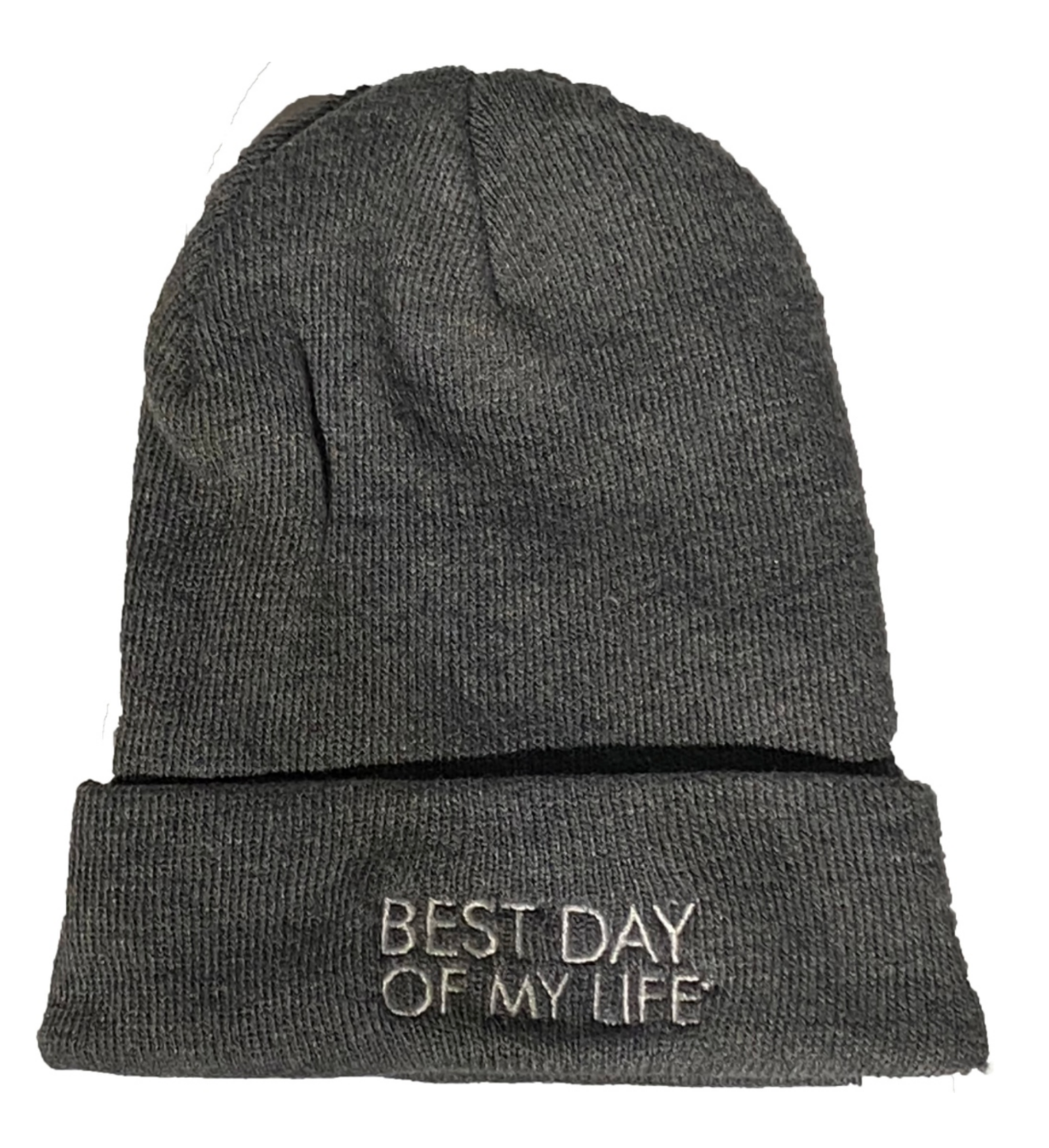 grey beanie embroidered with best day of my life