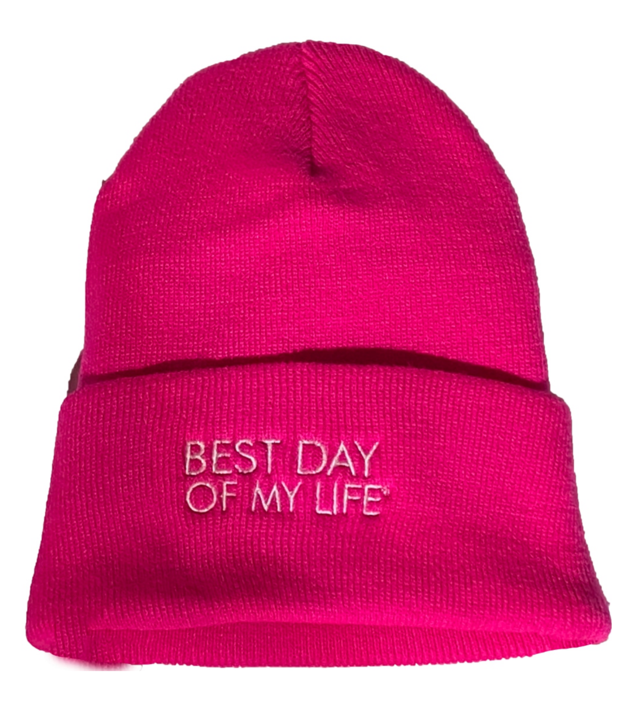 bright pink beanie embroidered with best day of my life